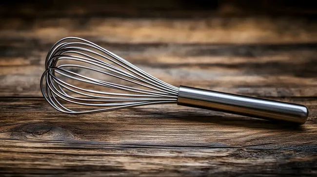 Edelstahl-Schneebesen auf rustikalem Holztisch