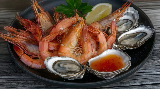 Edle Meeresfrüchte auf schwarzer Platte