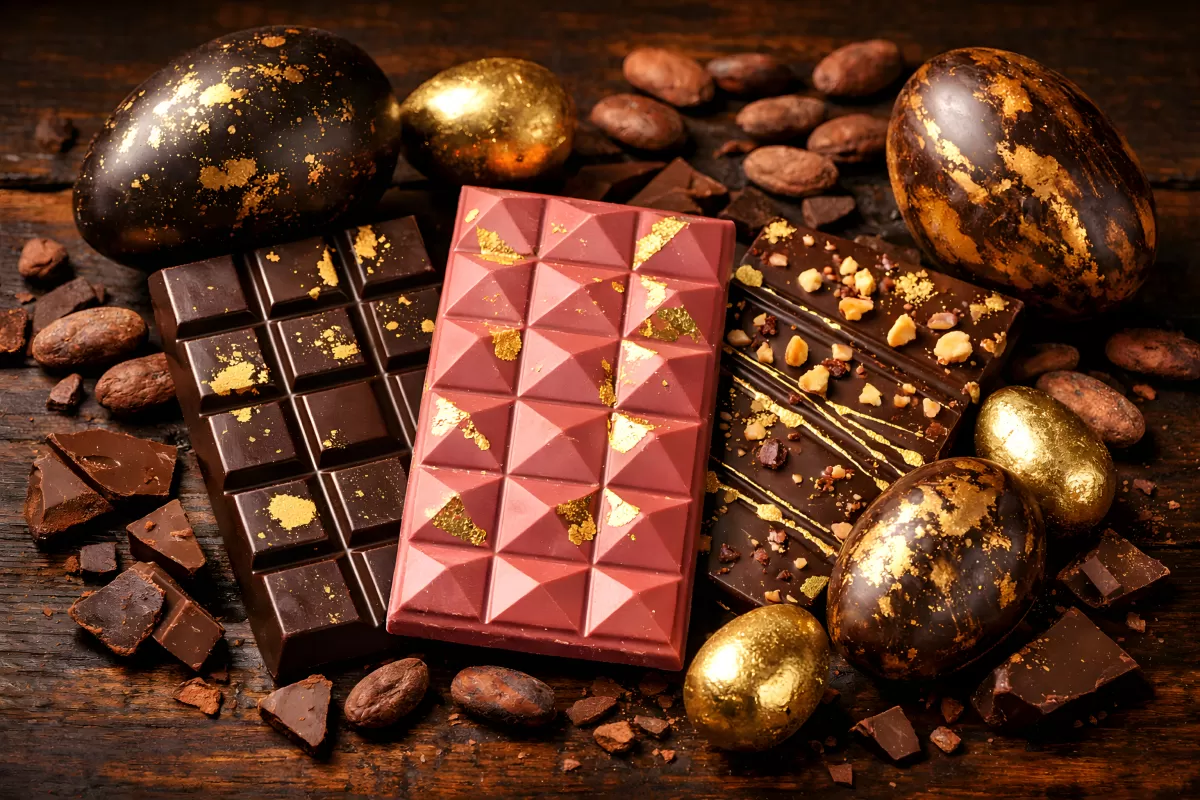 Edle Schokoladentafeln mit Blattgold und Kakaobohnen