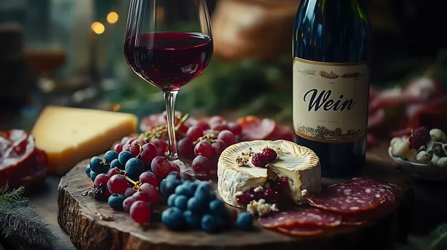 Edles Weindinner mit Käseplatte und Früchten