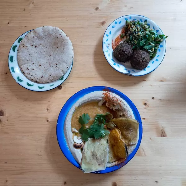 Eggplant with spicy mango tamarind, carrot cake with cashew-lemon frosting and flat bread