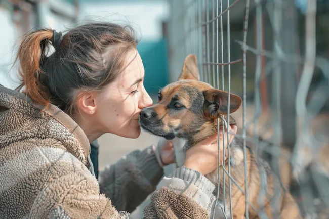 Ehrenamtliche Helferin kuschelt und betreut verletzten Hund im Tierheim