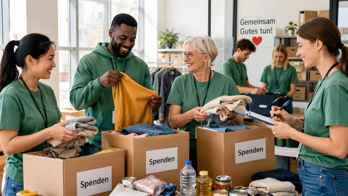 Ehrenamtliche sortieren Kleiderspenden in Kartons — Bild kostenlos herunterladen