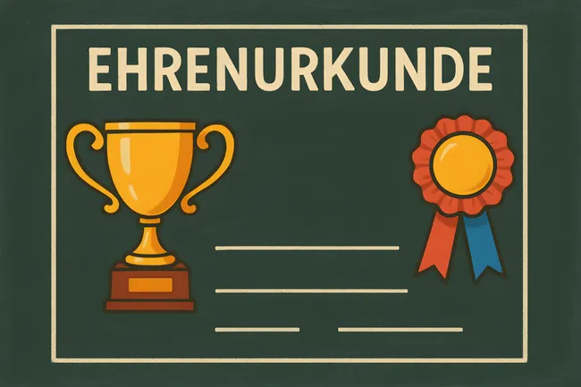 Ehrenurkunde mit Auszeichnungen auf Tafel
