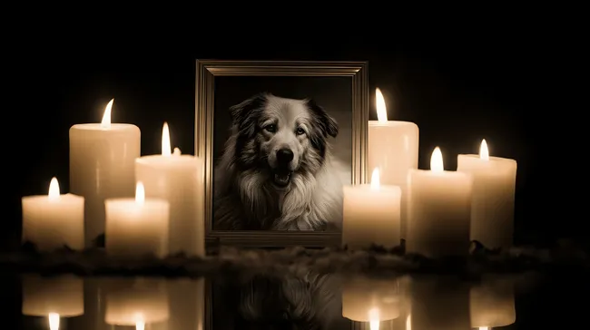 Ehrfürchtiges Hundeporträt mit Kerzen in Schwarz-Weiß