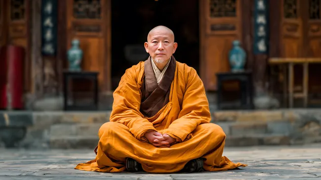 Ehrwürdiger buddhistischer Mönch in Meditationshaltung