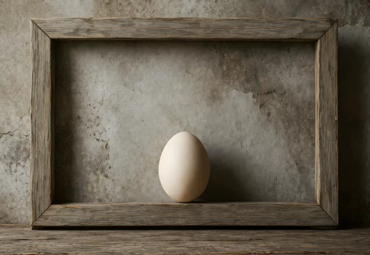Ei in rustikalem Holzrahmen vor Betonwand