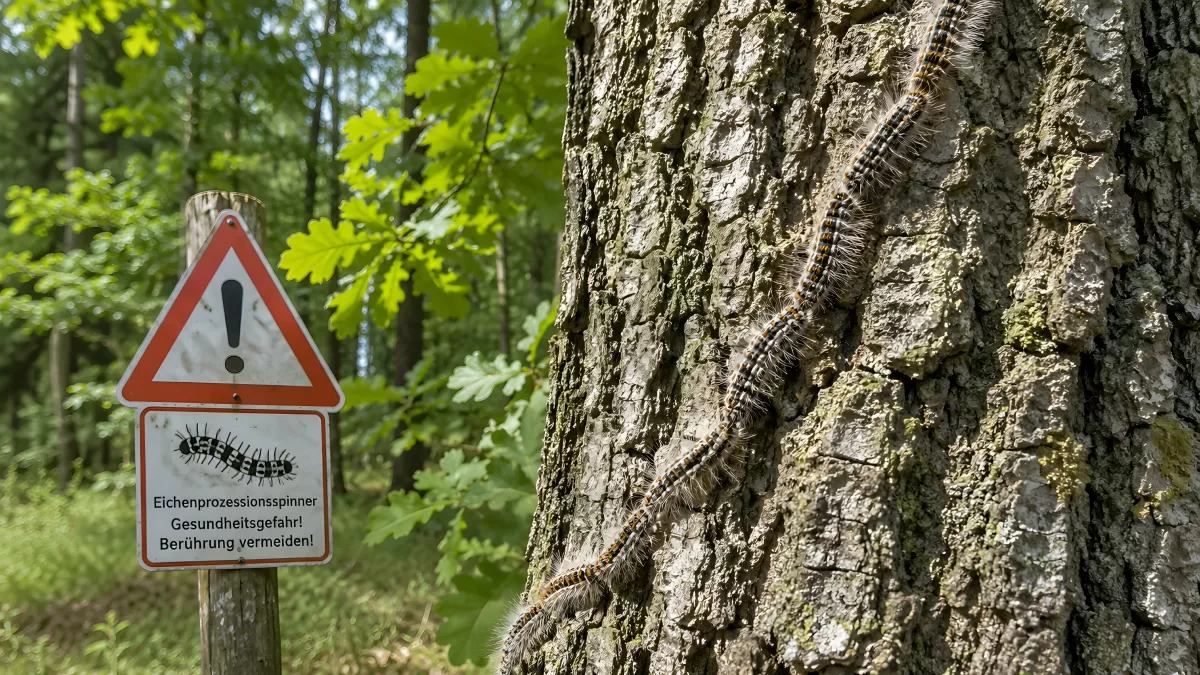 Eichenprozessionsspinner an Eiche mit Warnschild