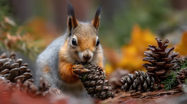 Eichhörnchen beim Verzehr von Tannenzapfen im bunten Herbstwald