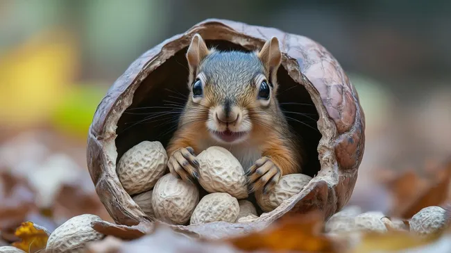 Eichhörnchen lugt fröhlich aus einer Nussschale