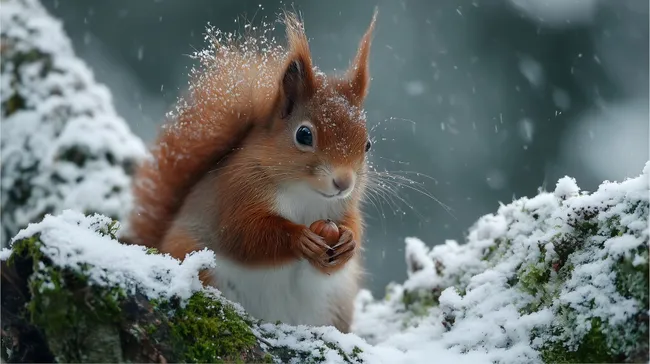 Eichhörnchen mit Nuss im Winter-Wald
