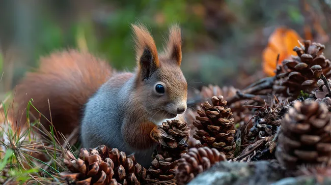 Eichhörnchen mit Tannenzapfen in herbstlicher Waldszene