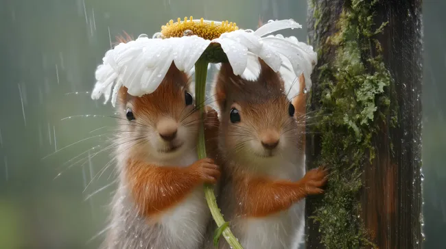 Eichhörnchen verstecken sich unter Blume vor Regen