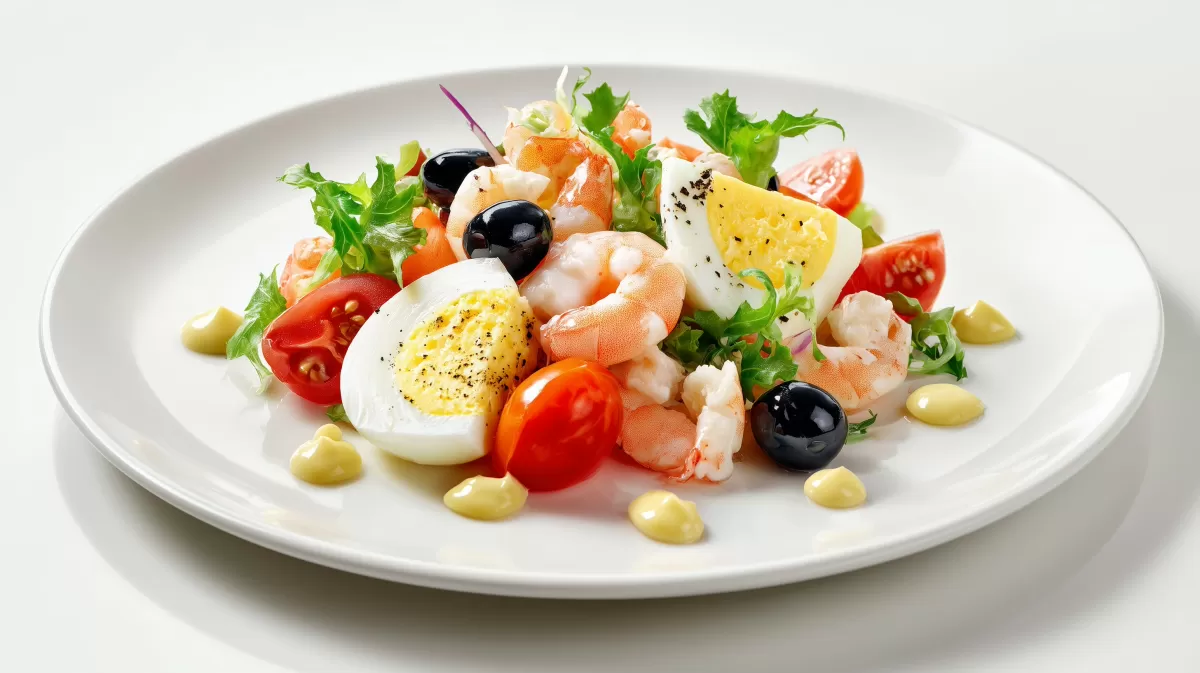 Eiersalat mit Aioli und Garnelen auf weißem Teller