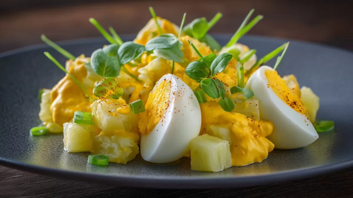 Eiersalat mit Curry-Mayonnaise und Ananas auf Teller