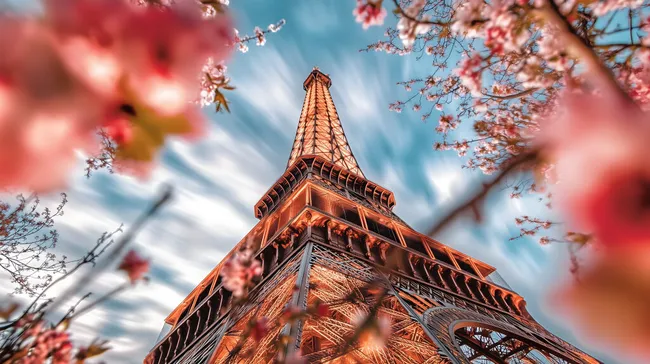 Eiffelturm in Paris mit blühenden Kirschbäumen