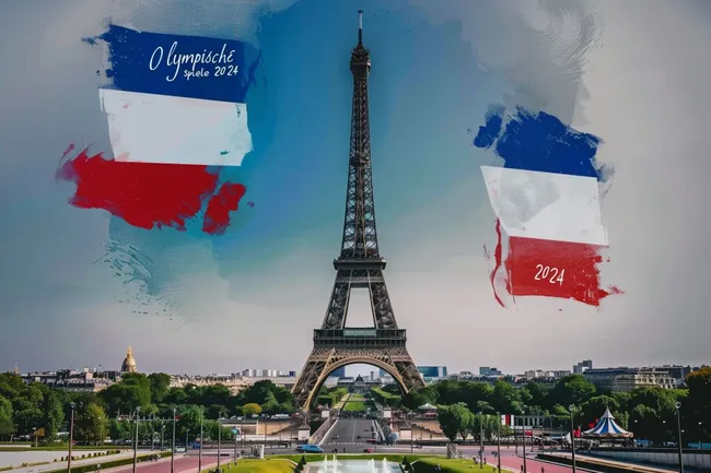 Eiffelturm in Paris mit Olympischer Flagge 2024