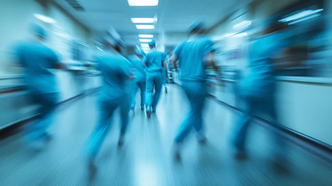 Eilendes Krankenhauspersonal in bewegter Flur