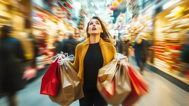 Eilige Frau mit Weihnachtseinkäufen in der Stadt