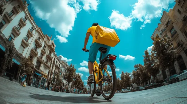 Eiliger Fahrradkurier in gelbem Outfit liefert Paket aus