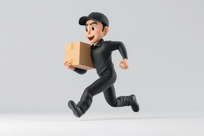 Eiliger Paketzusteller rennt mit Lieferkarton