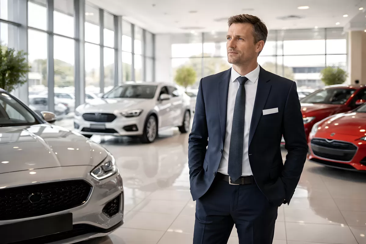 Ein Autoverkäufer in elegantem Outfit in der Autoausstellung