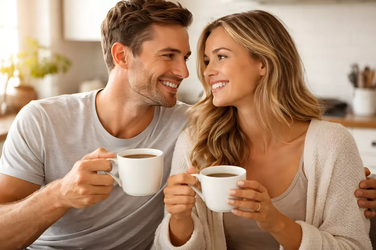 Ein entspanntes Paar genießt einen gemeinsamen Kaffee