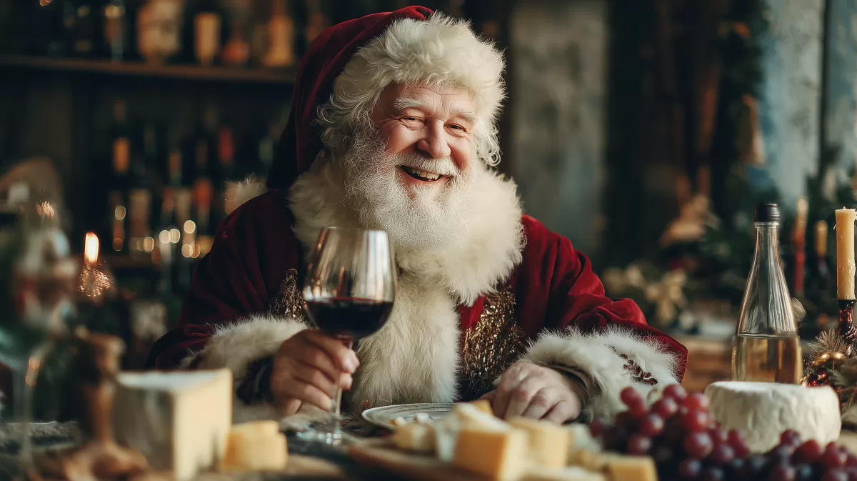 Ein fröhlicher Weihnachtsmann genießt ein Festmahl