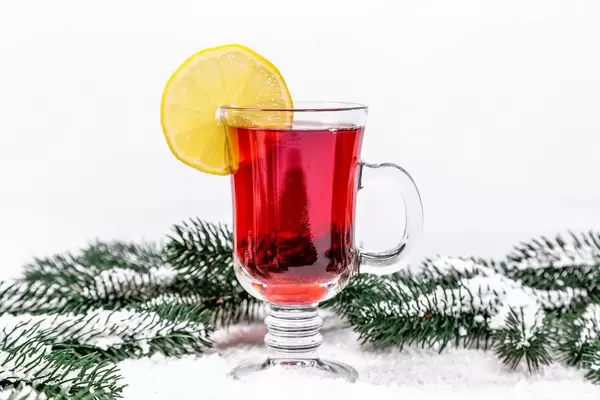 Ein Glas Glühwein mit Zitronenscheibe, Tannenzweige im weißen Hintergrun