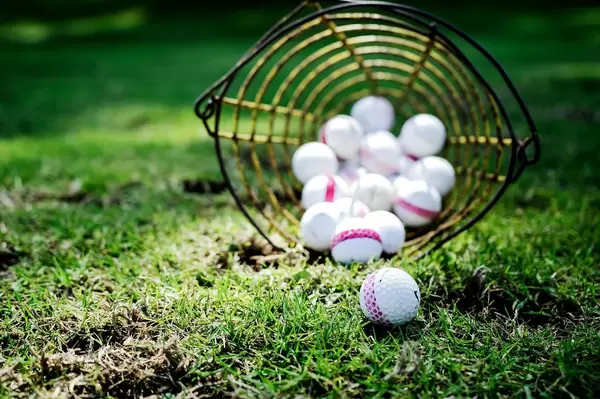 Ein Golfkorb mit Golfbällen auf dem Rasen