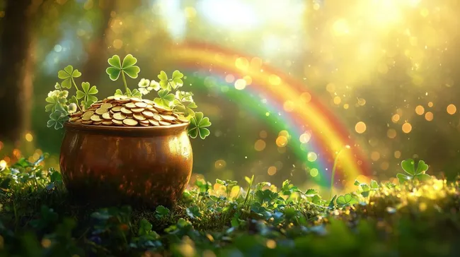 Ein Topf voller Goldmünzen unter einem Regenbogen mit Kleeblättern