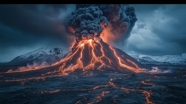 Eindrucksvolle Eruption eines schneebedeckten Vulkans