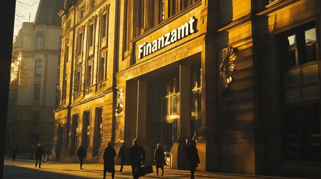 Eindrucksvolle Fassade eines Finanzamts bei Sonnenuntergang