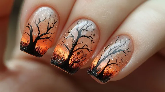 Eindrucksvolle Halloween-Nagelkunst mit Baumsilhouette