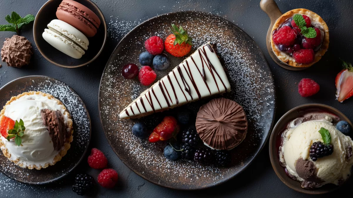 Eine Auswahl leckerer Desserts auf dunklem Hintergrund
