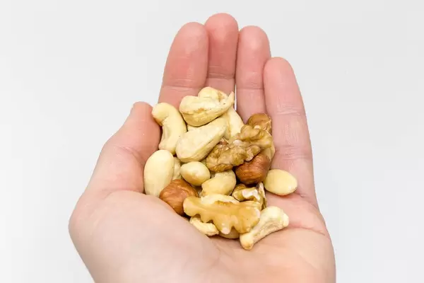 Eine Hand voll verschiedener Nüsse wie Baumnüsse, Cashewnüssen, Mandeln und Haselnüssen