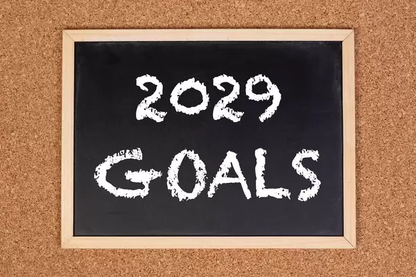 Eine Kreidetafel zeigt den Text "2029 Ziele" auf englisch, mit einer Korkwand im Hintergrund