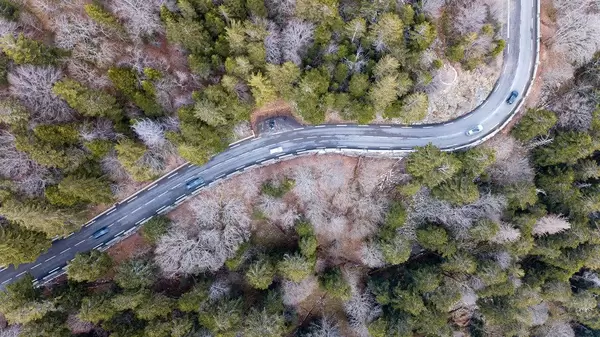 Eine ländliche Waldstraße in den Südvogesen aus der Vogelperspektive