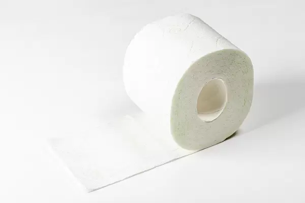 Eine Rolle Toilettenpapier vor weißem Hintergrund