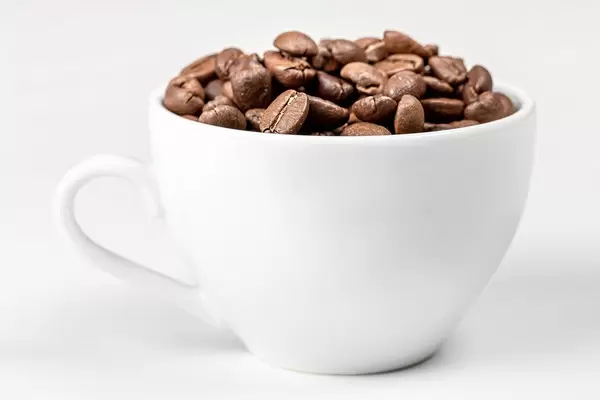 Eine weiße Tasse voll mit gerösteten Kaffeebohnen