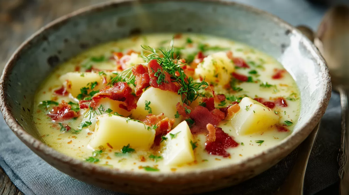 Einfache Kartoffelsuppe mit Speck und Kräutern