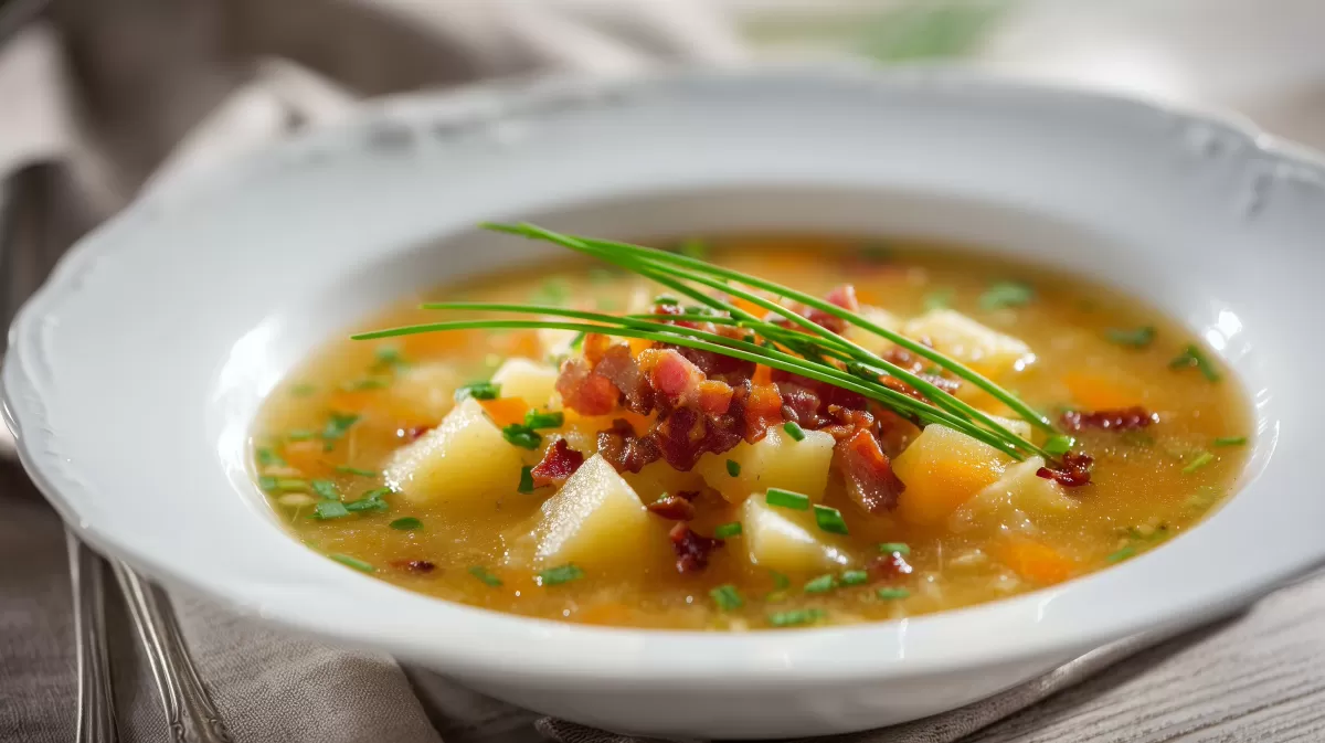 Einfache Kartoffelsuppe mit Speck und Schnittlauch