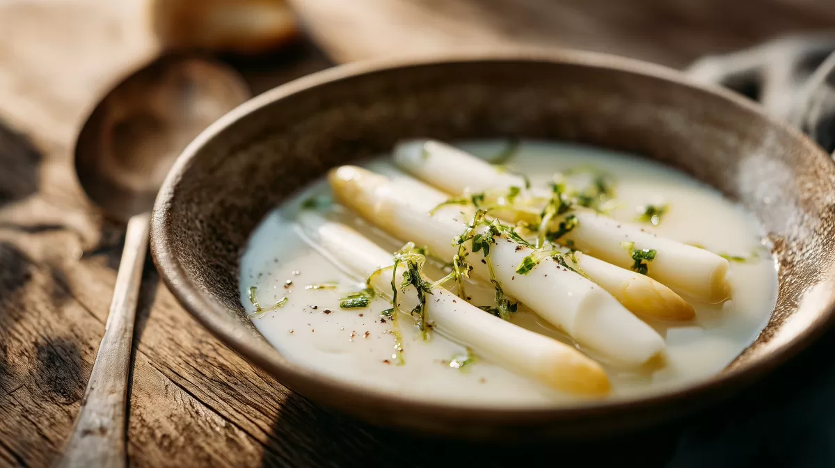 Einfache Spargelsuppe mit weißem Spargel in Schale