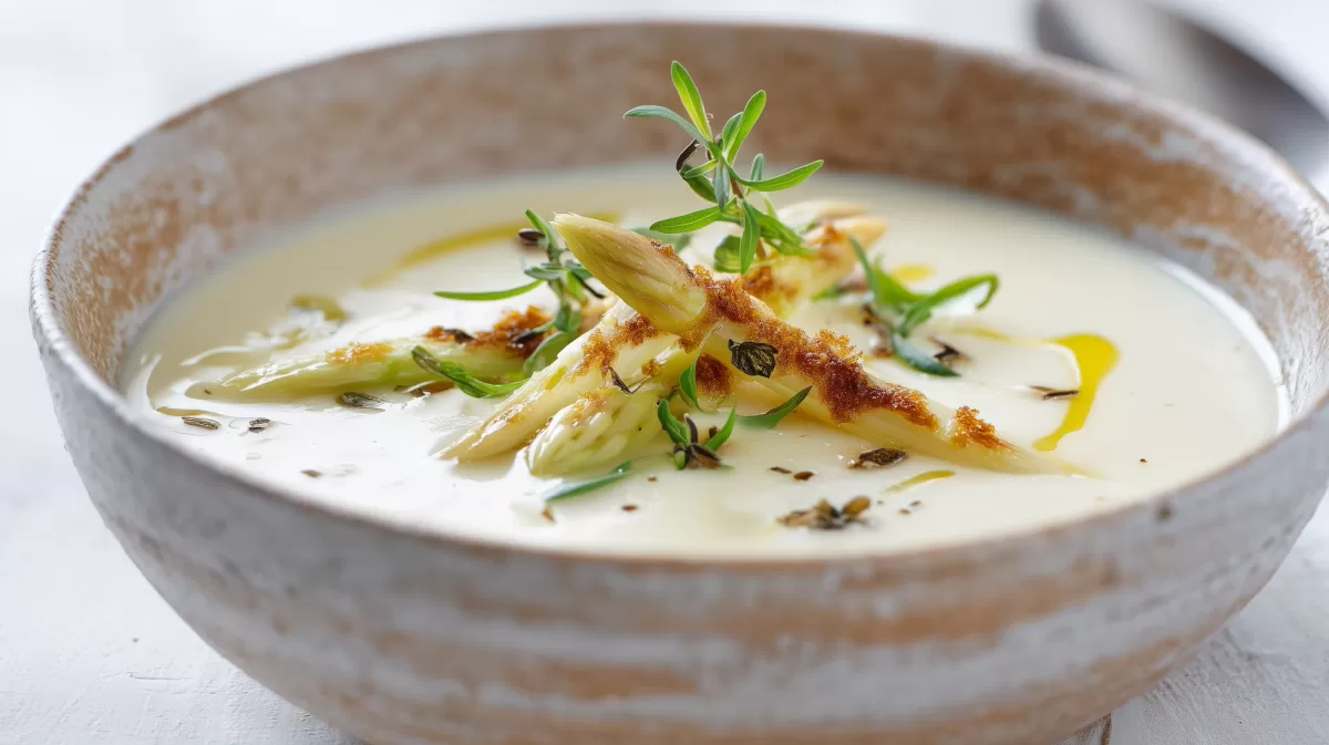 Einfache Spargelsuppe mit weißem Spargel und Kräutern