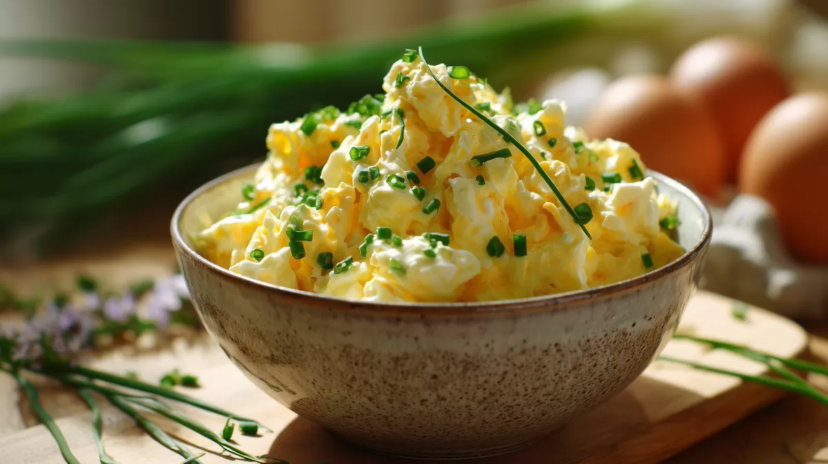 Einfacher Eiersalat mit Schnittlauch in Keramikschüssel