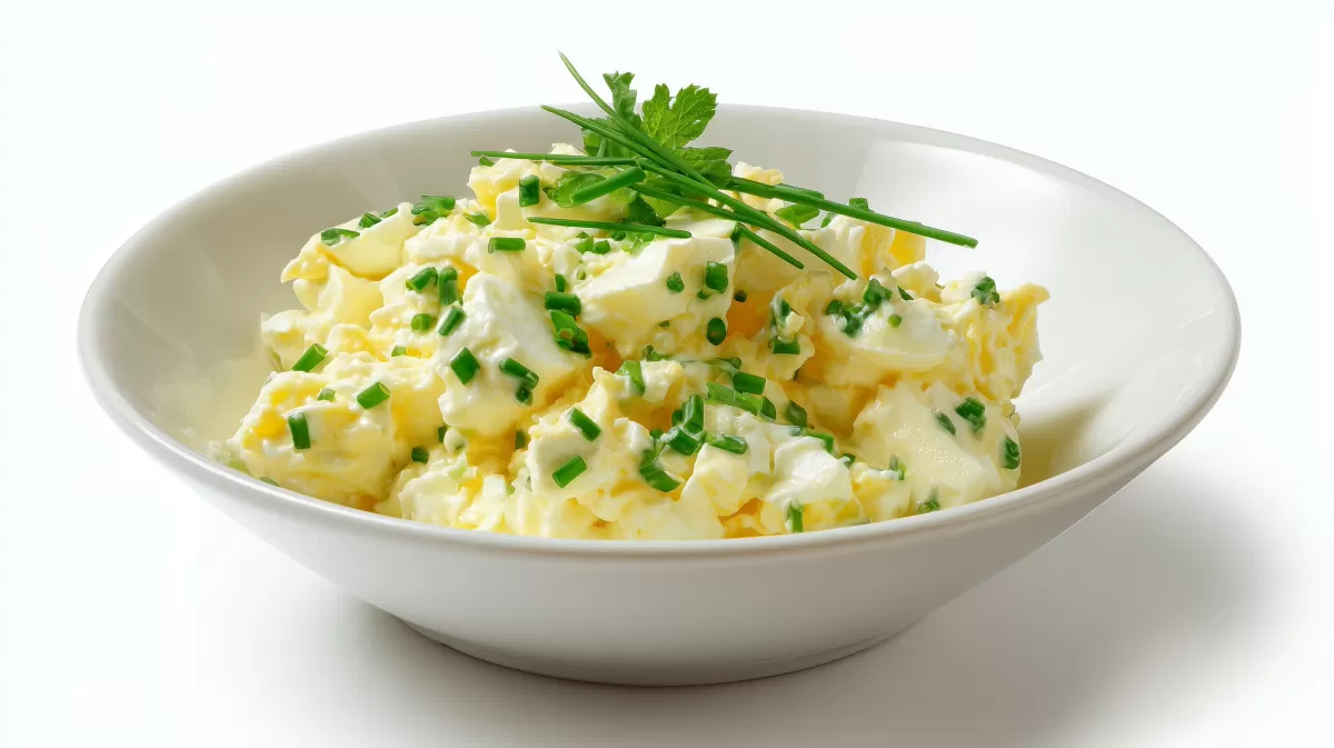 Einfacher Eiersalat mit Schnittlauch in weißer Schüssel