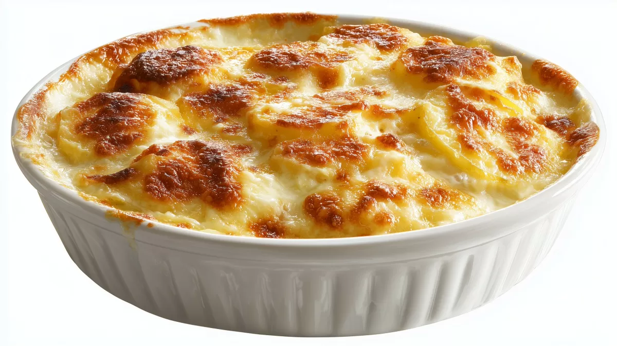 Einfacher Kartoffelgratin goldbraun überbacken in Auflaufform
