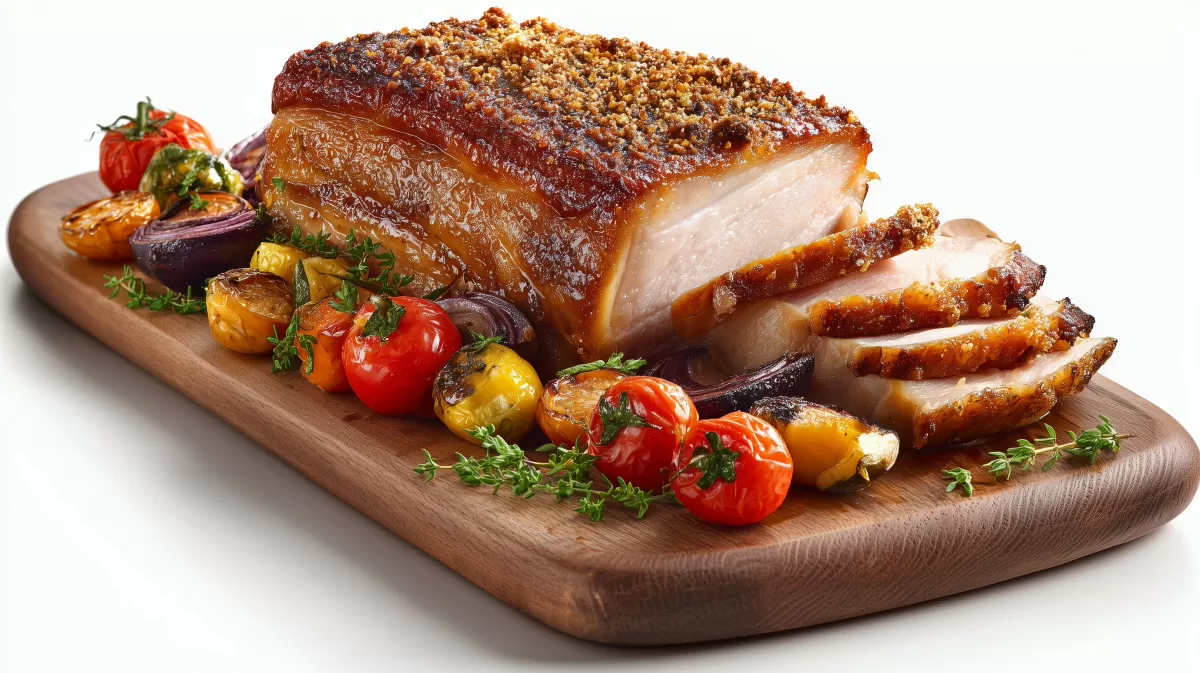 Einfacher Krustenbraten auf Holzbrett mit Gemüse