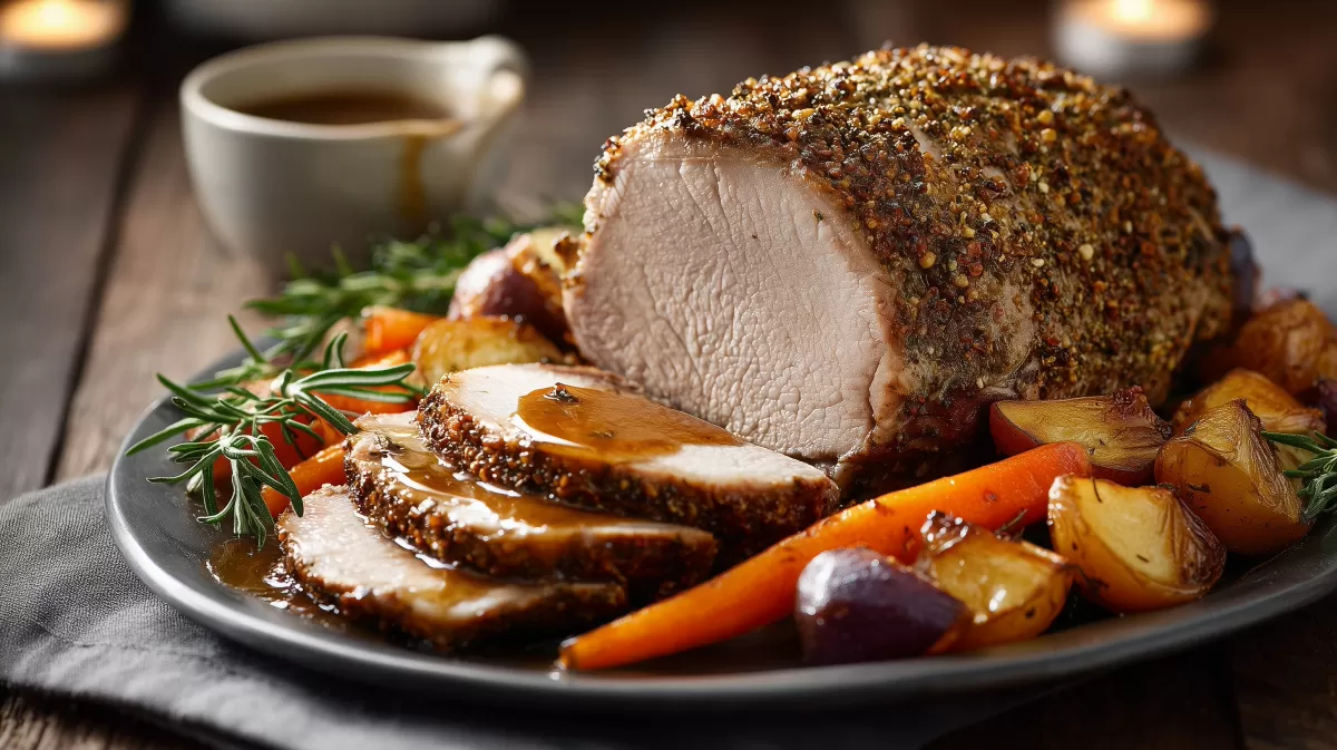 Einfacher Schweinebraten mit Kräuterkruste und Gemüse