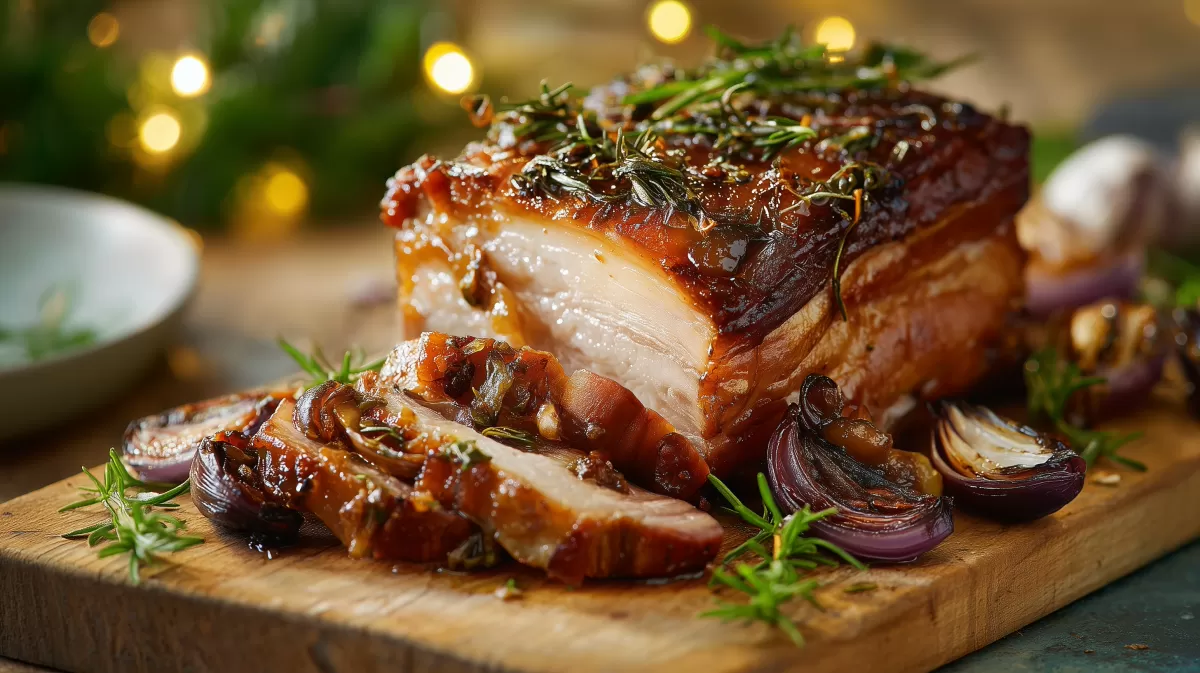 Einfacher Schweinebraten mit Rosmarin auf Holzbrett